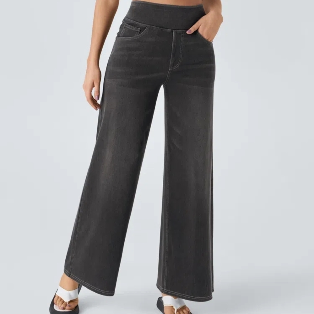 HALARA | Black High Waist Pockets Baggy Wide‎ Leg Soft Stretch Denim Jeans | XXL